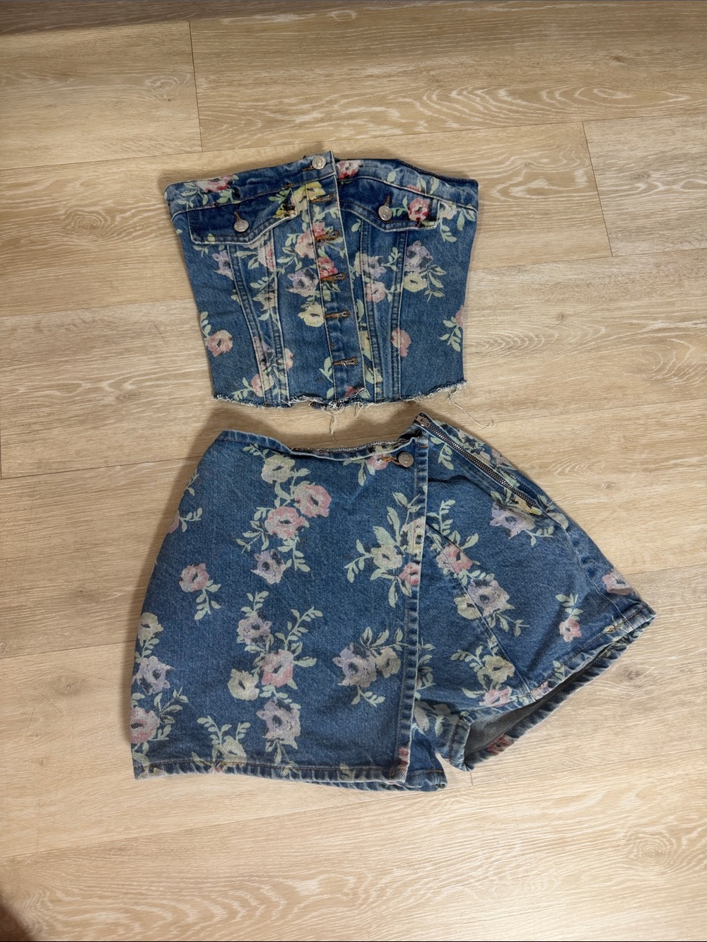Denim Floral Corset Top and Skirt Set - Blue Floral